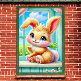 BlissYard Easter Bunny Window Cover Banner Easter Window Decoration Bunny Backdrop Photography Background Banner Easter Window Cover for Easter Spring Window Decorations 31x47 Inch