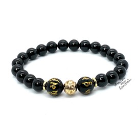 Black Obsidian Mala Bracelet with Engraved Buddhist Mantra | 10mm Crystals | October-November Birthstone for Scorpio | Root Chakra Balancing (Wrist Size 8.5 Inches)