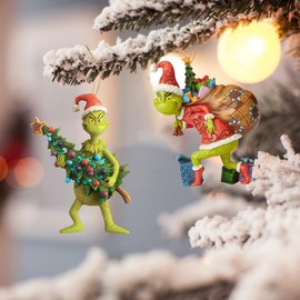 Grinch Christmas Decorations, Pack of 2 Grinch Christmas Decorations Figure, Funny Pendant Decorations for the Christmas Tree, for Holidays, Windows, Indoor and Outdoor Christmas Decorations