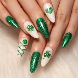 BFY Green Shamrock Press on Nails Medium Almond St Patrick's Day Fake Nails, Shiny Rhinestones Clover Acrylic Nails, Irish Glitter Green Glossy Gel False Nails Kit Stick Glue on Nails Tip, 24 Pcs