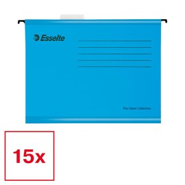 Esselte A4 Reinforced Cardboard Hanging File Folder Set of 15 Sturdy 100% Recycled Cardboard Folder with Tabs for Files and Documents in Office, School, Home Office, Blue, 628806