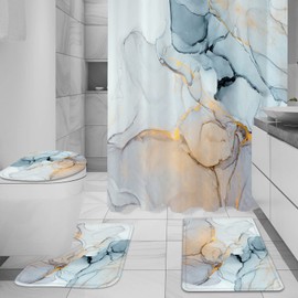 Gibelle 4 Pcs Bathroom Shower Curtain Set with Non-Slip Rugs, Toilet Lid Cover and Bath Mat, Grey Blue Marble Bathroom Decor Set with Shower Curtain and Rugs and Accessories