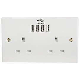 2-Gang UK Mains Socket with Four USB Ports