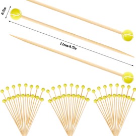 100 pieces bamboo cocktail picks 4.7 inch fruit toothpicks sports ball end cocktail skewers wooden decorative cocktail picks for appertizes, fruit, food, sport party favors (Tennis)