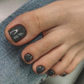 KQueenest Cat Eye Black Toe Press on Nails Short Square, Glitter Black Fake Toe Nails Press on, Soft Gel Glue on Toe nails for Women Summer, Gothic Sparkly Reusable Toe Acrylic Nails 24 Pcs