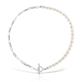 e-Crystal - 925 Sterling Silver White Freshwater Pearl Necklace + Paper Clip Chain Toggle Clasp, Sterling Silver