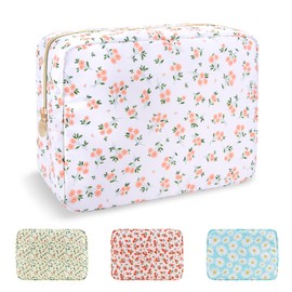 Bolsa de maquillaje floral grande impermeable, bolsa de almacenamiento de artículos de cambiador de viaje de nailon, bolsa de cosméticos para mujeres y niñas, bolsa organizadora de maquillaje de gran capacidad, bolsa con cierre para la escuela (flores bl