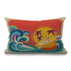 BGBDEIA Hawaii Beach Cushion Cover 12x20 Inch Vintage Palm Tree Sun Tropical Island Giant Wave Rectangle Pillow Cases Home Decorative Cotton Linen Throw Pillow Cover for Bed Sofa 30 x 50 cm