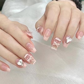 24Pcs Pink French Tip Press on Nails Short Fake Nails Ballet Shoes Design Bow Glue on Nails with Heart Nail Rhinestones Acrylic False Nails Cute Pink Square Artificial Nails for Women Valentines Nails
