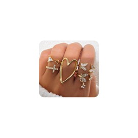 Chunky Gold Heart Zircon Pearls Rings Set for Women Stackable Open Crystal Butterfly Cross Knuckle Ring Pack Big Heart Thumb Rings Jewelry Accessories(Butterfly)