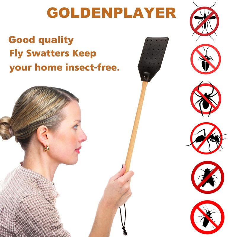 Heavy Duty Leather Fly Swatter, Long Handle Fly Swatter with