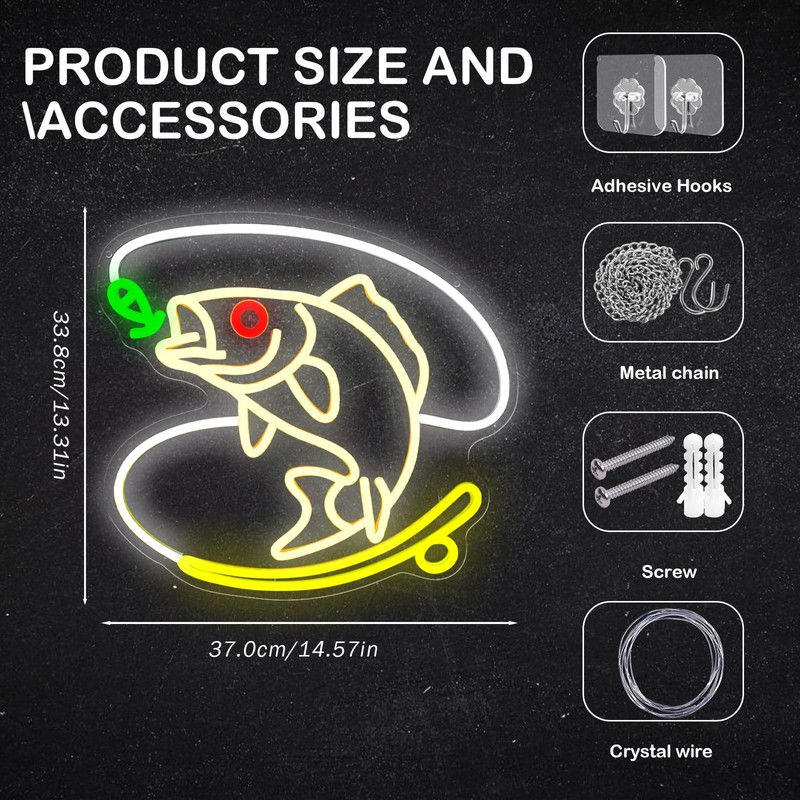 Fishing Neon Sign Dimmable Fish LED Neon Lights for Wall