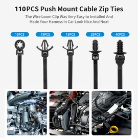 Armpow 110 PCS Automotive Installation Black Push Mount Cable Zip Ties Assorted Sizes, Heavy Duty Self-Locking UV Resistant Wire Ties - For Indoor Wire Bundling, Construction, Automotive