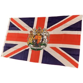 NWFlags Union Jack with Crest Flag 5ft x 3ft 75d Premium Polyester Suitable For Flagpoles | Strong Polyester 5x3 foot material Royal coat of arms of the United Kingdom flag with Eyelets