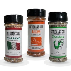 Cattleman's Grill 3-Pack Gift Set BBQ Rub 8 Second Ride Carne Asada, Italiano, Ranchero Flavors Rub and Seasoning for Steak, Pork, Chicken, Beef, Veggies 5 to 6oz Bottles by Pinnacle Mercantile