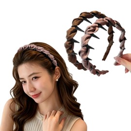 2P2 Women's Headband with Wrinkle, Brown/Purple, 2 Color Set, Anti-Slip, Teeth, Height Raising and Looking Smaller Face, For Commuting to Work or School, Daily Use, Hair Accessories, No Pain