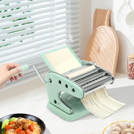 Stainless Steel Manual Pasta Maker Machine, with 6 Adjustable Thickness Settings, 4-in-1 Hob Noodle Machine, Suitable for Homemade Lasagna, Spaghett (Green)