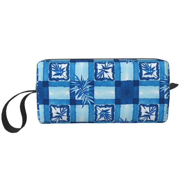 OLUSENMO Blue Geometric Bamboo Leaf Makeup Bag Compact Durable Travel