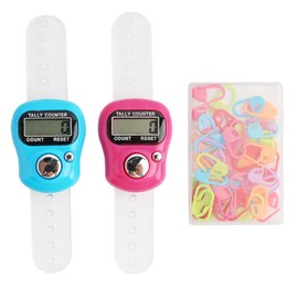 2 Pieces Electronic Finger Counter, Digital Finger Counter, Mini Electronic Row Counter with 50 Colourful Knitting Stitch Markers with Crochet Closure Clip, Electronic Row Counter for Knitting