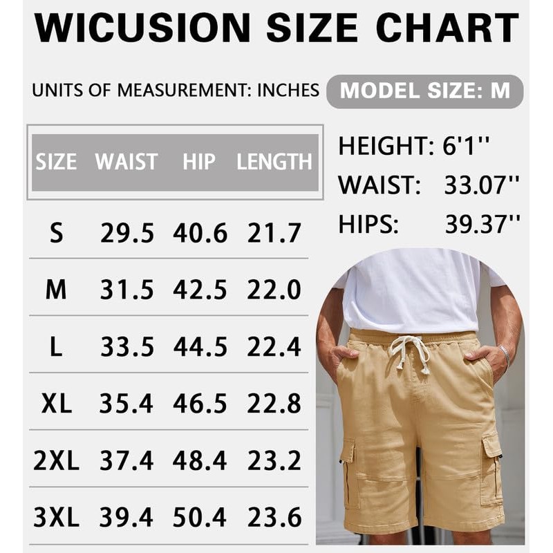 WICUSION Mens Twill Cargo Shorts Stretch Cotton Elastic Waist Multi-Pockets