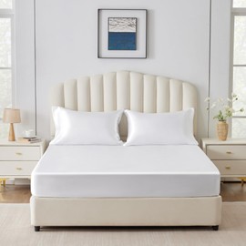 CozyLux Satin Fitted Sheet Queen Size, White Silky Satin Bed Fitted Sheet Only with Silky Microfiber, Deep Pocket, Single Bottom Sheet Sold Separately, Breathable, Smooth and Soft