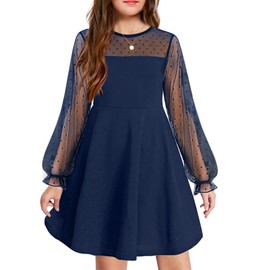 Arshiner Girls Dress with Contrast Mesh Puff Long Sleeve High Waist A-line Short Dress with Pockets for 6-13 Years, navy blue