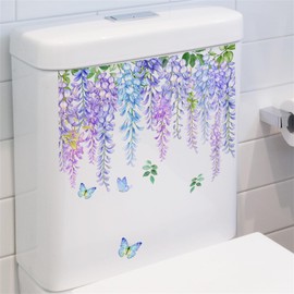 Hanging Plants Toilet Stickers Wisteria Flower Vine Bathroom Wall Sticker Butterfly Green Leaf Toilet Seat Lid Cover Decals Decor Peel and Stick Removable WC Restroom Wall Art Decorations