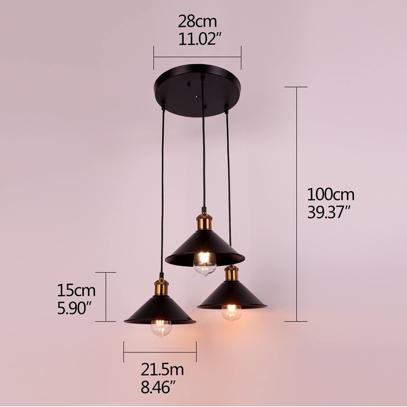 FIRVRE 3-Lights Industrial Pendant Light, Black Adjustable Metal Pendant Lights,