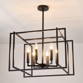 UOFUS 6-Light Black Farmhouse Chandelier Geometric Industrial Ceiling Light Fixtures Metal Cage Rustic Pendant Light for Dining Room Living Room Bedroom Kitchen Island Entryway E12 Base