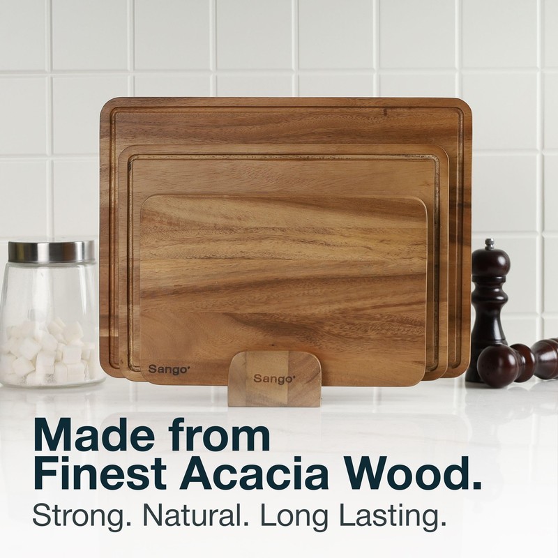 Sango Acacia Cutting Board Set with Juice Grooves and Stand,
