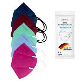 TubeRoo FFP2 Mask Set Colourful with 5 Colours Dark Blue Bordeaux Light Blue Pink Light Green Pack of 10 Masks from Germany, Made in Germany, Soft Ear Loop Bands, Respirator Mask, Mouth Guard
