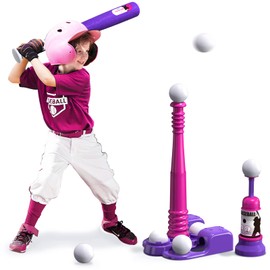 QDRAGON 2 in 1 T Ball Sets for Kids 3-5 5-8, Tee Ball Set with Automatic Pitching Machine/Adjustable Batting Bat & Stand/6 Balls, Baseball Toys Outdoor Sport for Toddlers Girls, Pink