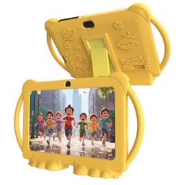 PEICHENG Kids Tablet 7 inch Android 12.0 for Toddler, 4GB RAM 32GB ROM Bluetooth IPS Screen Parental Control Dual Camera Shockproof Case for Educational Games (Yellow)