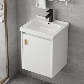 ESMISMO 16'' Bathroom Vanity with Sink Combo, Wall Mounted Small Bathroom Vanity with Soft-Close Door Modern Floating Cabinet, Pop-up Drain, P-Trap Included, White(No Faucet)