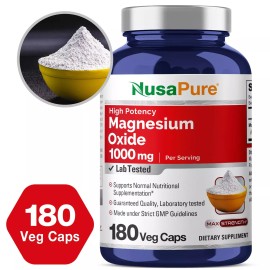 NusaPure Magnesium Oxide 1,000mg Per Serving 180 Veggie Caps (Non-GMO & Gluten Free)