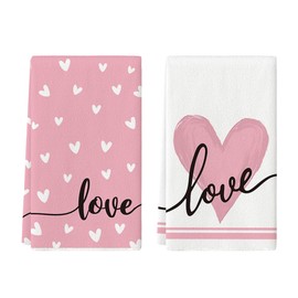 Artoid Mode Pink Heart Love Valentine's Kitchen Towels Dish Towels, 18x26 Inch Anniversary Wedding Farmhouse Decoration Hand Towels Set of 2