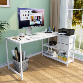 JOINHOM L-Shaped Desk with Drawers - 55 in Reversible White Office Desk for Home Office, Computer Desk with Storage for Bedroom, L-Shaped Computer Desk with USB Ports and Bookshelf