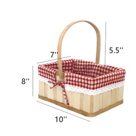 Rectangular Picnic Baskets, Creative Wooden Vintage Flower Basket with Folding Handles and Removable Gingham Liner Handheld Basket for Storage Decoration and Photography.