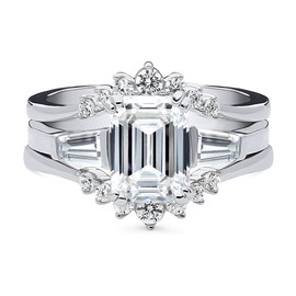 BERRICLE Sterling Silver 3-Stone Wedding Engagement Rings 2.1 Carat Emerald Cut Cubic Zirconia CZ Wishbone Ring Set for Women, Rhodium Plated Size 7.5