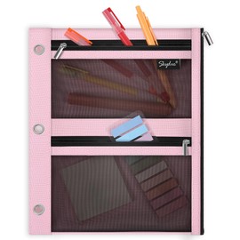 SKYDUE Pencil Pouch for Binder, Pencil Case, 3 Ring Binder Pencil Pouch with 3 Pockets and Mesh Window, Zipper Pencil Pouch, Durable Organizer for School Supplies, Cables, Earbuds, Makeup, Pink