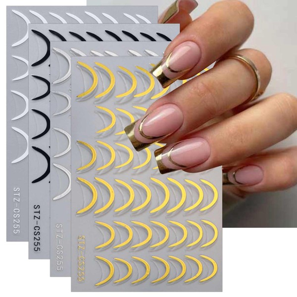 JMEOWIO 10 Sheets French Tip Line Nail Art Stickers Decals Self-Adhesive Pegatinas Uñas Colorful White Gold Silver Nail Supplies Nail Art Design Decoration Accessories