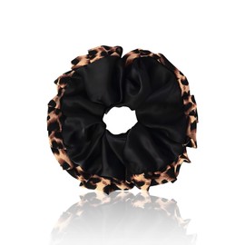 PUSCOBSY Satin Haargummi für Damen, Stoff Leopardenmuster Haargummis Scrunchie Ohne Haarbruch, Groß Leo Scrunchies für Dickes Haar Dünnes Haar, Schwarz