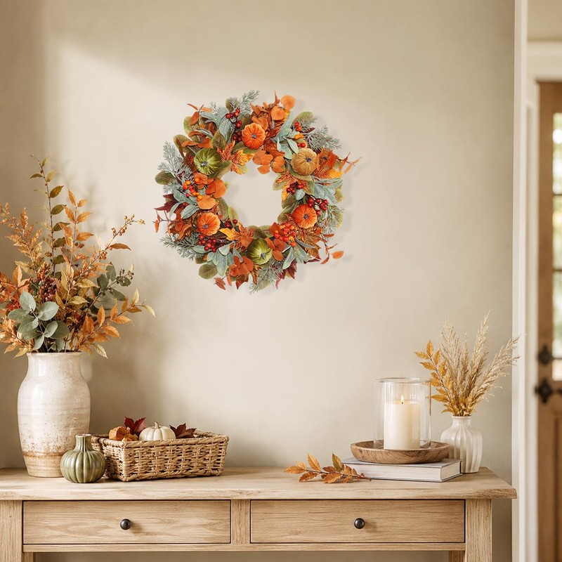 20 Inch Pre-Lit Pumpkin Fall Wreath for Front Door, 30