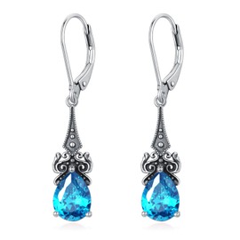 925 Sterling Silver Classic Elegant Vintage Dangle Drop Earrings 10mm Teardrop Blue Zircon December Birthstone Jewelry Gifts for Women