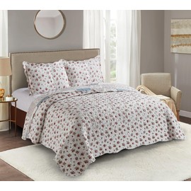 Brilliant Sunshine Brilliant Sunshine Pink Rose with Small Blue Check Patchwork, 3-Piece Quilt Set with 2 Shams, Reversible Bedspread, Soft Lightweight Coverlet, All-Season, Full/Queen, Pink Blue