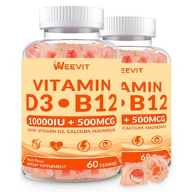 WEEVIT Vitamin D3 B12 Gummies, Vitamin D 10000IU & 500mcg Methyl B12 with Vitamin A, C, K, Calcium, Magnesium, Zinc for Women & Men, Support Eye, Bone, Energy