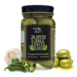 Green Jay Gourmet Double Stuffed Olives – Jalapeno & Garlic Stuffed Green Olives for Cocktail Garnish & Cheese Board – Dirty Martini Olives – Gourmet Olives – All Natural – Large – 16 Ounces