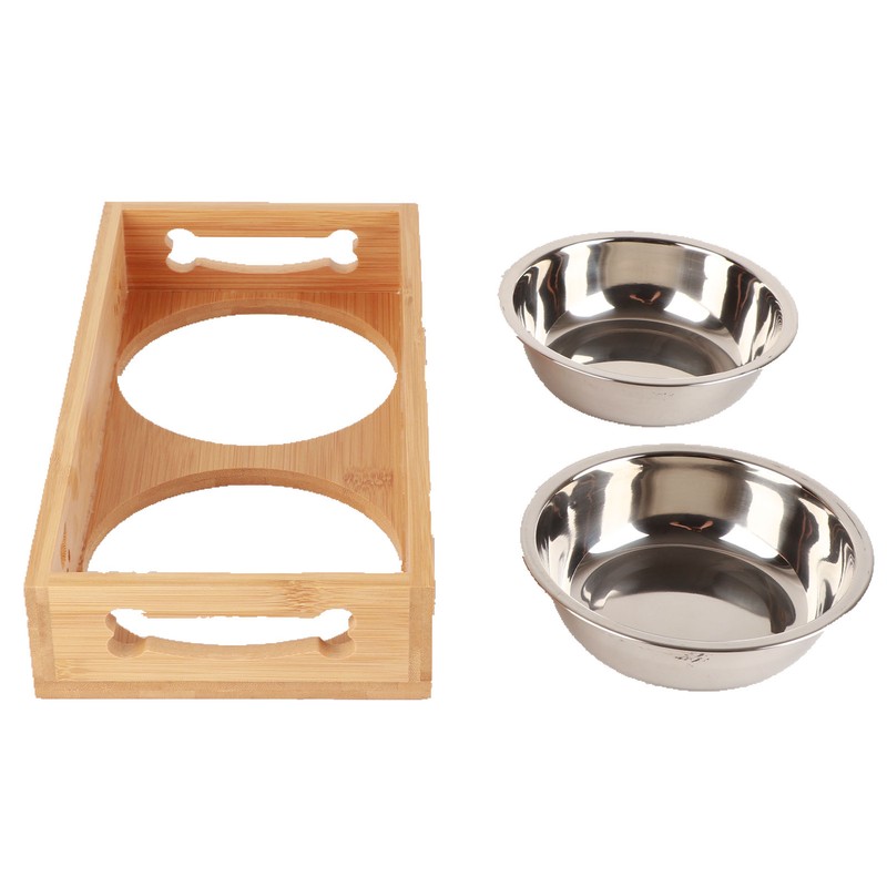 Bamboo Pet Double Bowl Cartoon Prevent Slipping Easy to Clean