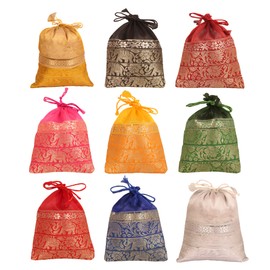 Touchstone Gorgeous Gift Wrapping bags reusable environment friendly Large Drawstring Elephant Pattern Brocade for birthdays, wedding, return present packing set. pack of 9. 9x7 inches.