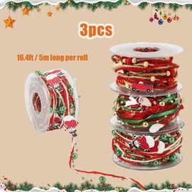 3 Rolls Christmas Beaded Ribbons, 16.4ft Christmas Bead Garland with Santa Claus Snowman Xmas Truck Christmas Tree Ribbon Garland Xmas Tree Decoration for DIY Crafts Wreath Gift Wrapping